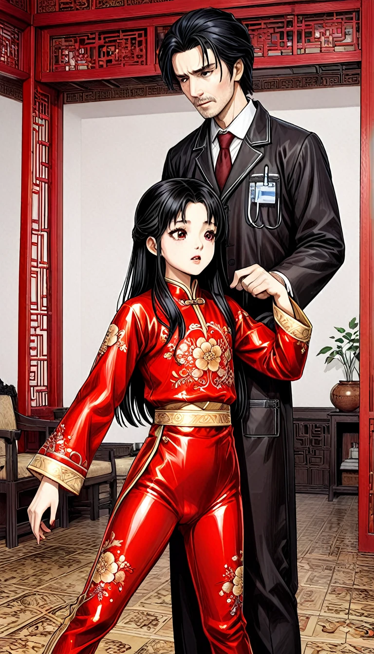 A tragic historical drama in 8k live-action style: Beautiful palace secrets　A beautiful 10-year-old Chinese Kung Fu princess with long black hair is being examined by a doctor　Gorgeous embroidery, Ultra glossy, She is wearing a shiny red top and bottom long sleeve floral pajama kung fu suit....　　She shows her pussy to the doctor