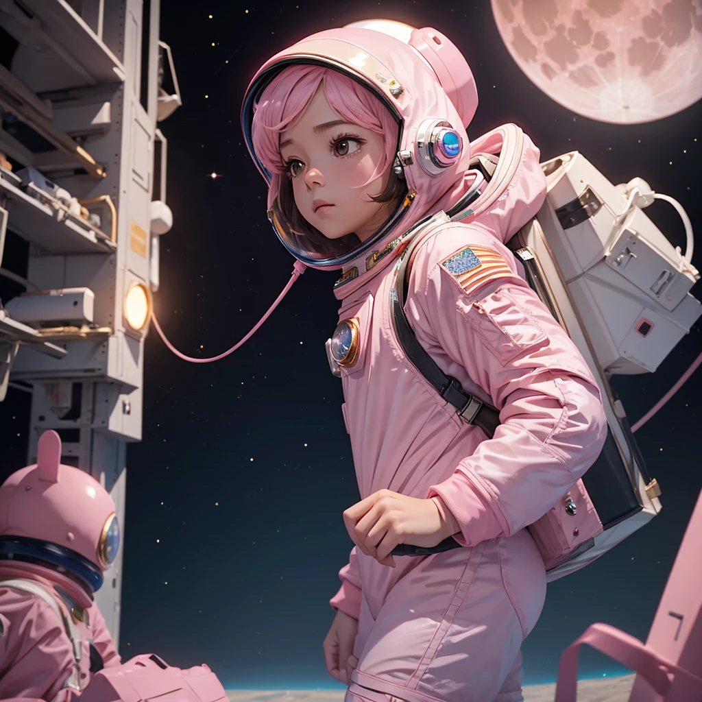 (One pink astronaut girl:1.3)、Go to the moon and encounter a lunar rabbit alien:1.7、,Very detailed,Intricate details,Ultra-realistic,Cinema Lighting,8K resolution,masterpiece