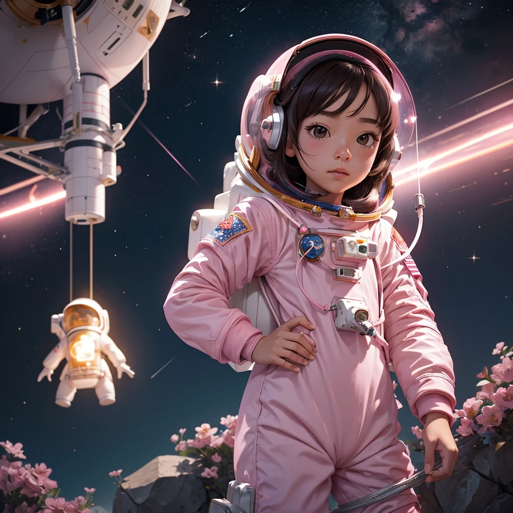 (One pink astronaut girl:1.3)、Go to the moon and encounter a lunar rabbit alien:1.7、,Very detailed,Intricate details,Ultra-realistic,Cinema Lighting,8K resolution,masterpiece