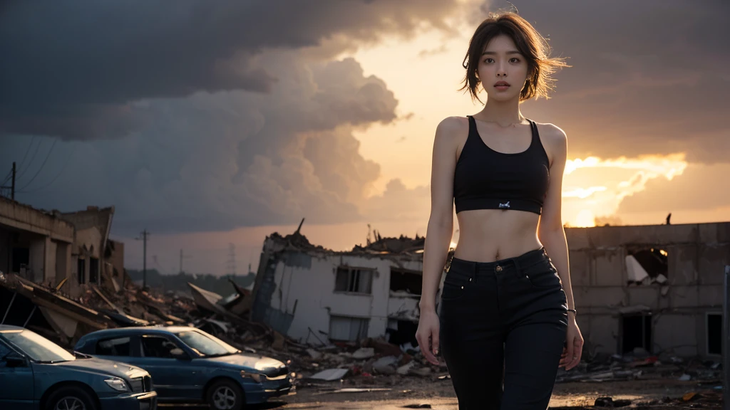 movie「resident evil」Heroine of the series、Depicting Alice Abernathy。Big Breasts、Early 30s、shoulder-length brown hair、blue eyes。Wearing combat uniform、Black tank top、Black pants、Put on the boots。Looking straight ahead with a serious expression。The background is a devastated city、Destroyed buildings and cars scattered around。Heavy clouds hang over the gloomy sky。Alice is powerful、Standing with determination。