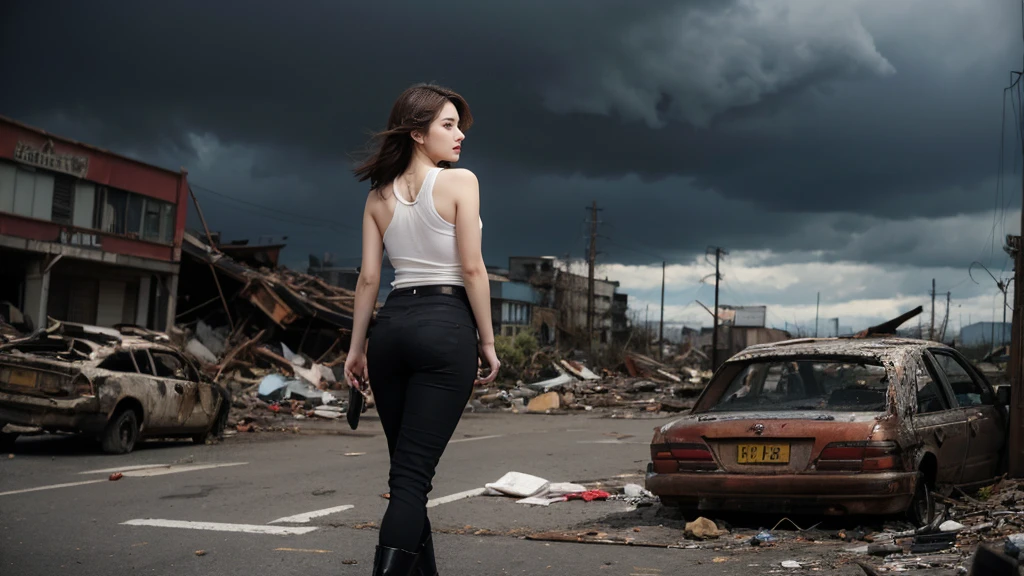 movie「resident evil」Heroine of the series、Depicting Alice Abernathy。Big Breasts、Early 30s、shoulder-length brown hair、blue eyes。Wearing combat uniform、Black tank top、Black pants、Put on the boots。Looking straight ahead with a serious expression。The background is a devastated city、Destroyed buildings and cars scattered around。Heavy clouds hang over the gloomy sky。Alice is powerful、Standing with determination。