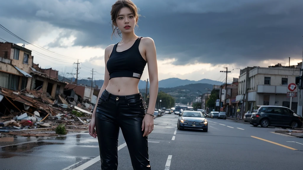 movie「resident evil」Heroine of the series、Depicting Alice Abernathy。Big Breasts、Early 30s、shoulder-length brown hair、blue eyes。Wearing combat uniform、Black tank top、Black pants、Put on the boots。Looking straight ahead with a serious expression。The background is a devastated city、Destroyed buildings and cars scattered around。Heavy clouds hang over the gloomy sky。Alice is powerful、Standing with determination。