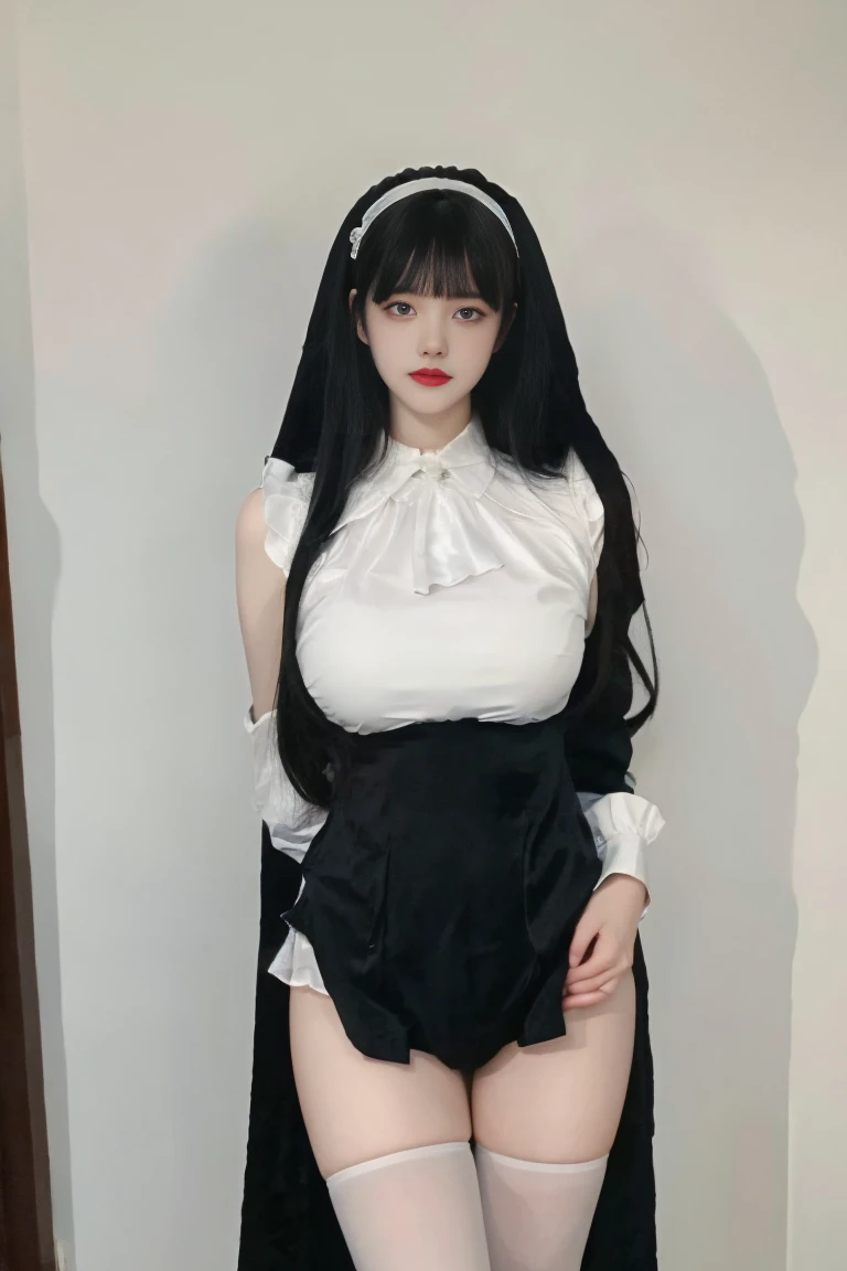 best quality, tmasterpiece,Ultra-high resolution,Clear face,(Reality:1.4),ferpect lighting,upper body photo), (photorealistic:1.50), anime wallpaper, Guviz style artwork, cover-up fantasy up to magic , by Yang J, Guviz, beautiful artwork illustration, beautiful digital artwork, beautiful digital illustration, Li Song, beautiful anime portrait, art style in Beauvot, 1girl,独奏,(pale skin),perfect body,(glossy skin),(Supergiant huge breasts:1.1),habit,black eyes,long hair, black hair,looking at viewer,(1 breast),white_thighhighs,nun, (Black sleeves:1.1), Shorts,