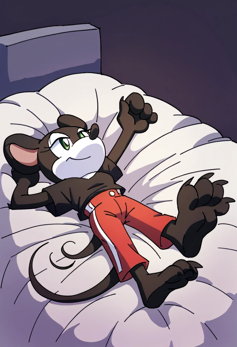 Mickey Mouse, female, green eyes, solo, black fur, on bed, footpaws, masterpiece, good anatomy, laying on back, top down view, long tail, mouse, black shirt, red shorts