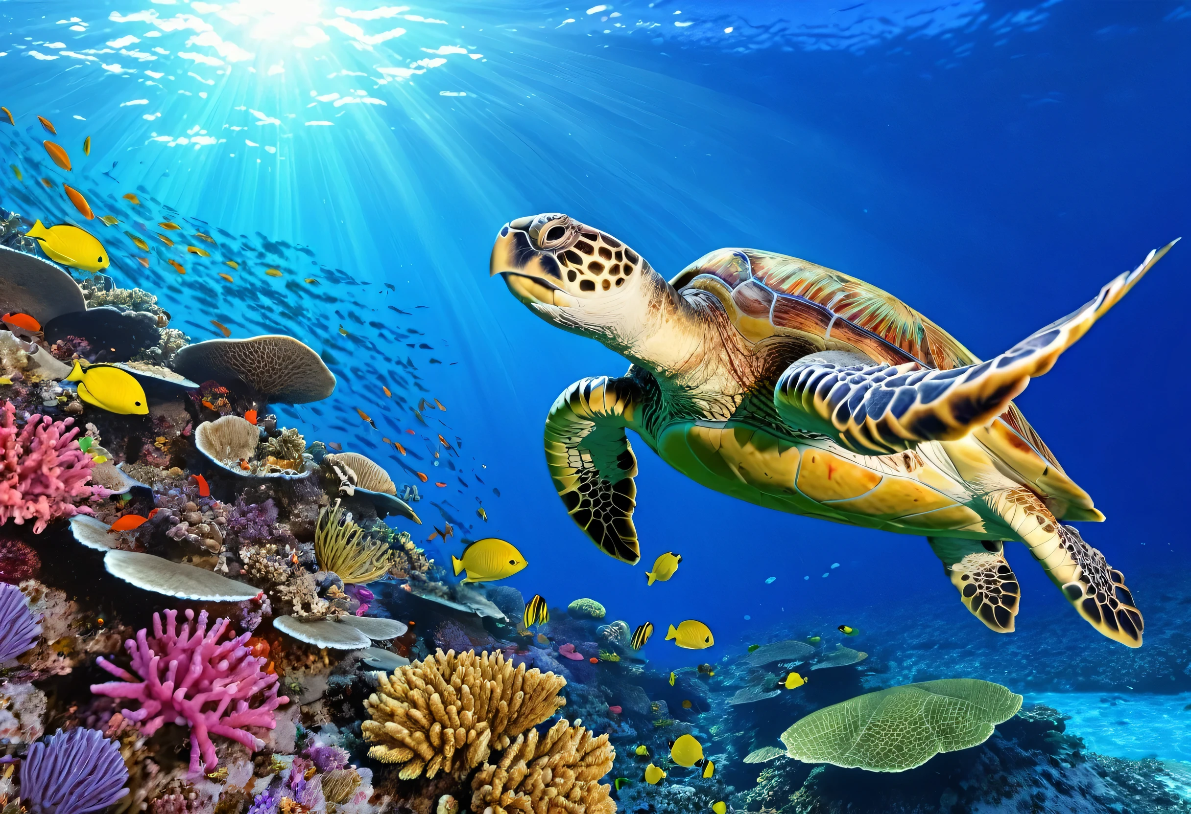 The sea is々Various sea animals are swimming, tropical Sea creatures, tropical reef, Sea Turtle, 4 k High-resolution wallpapers very detailed, Underwater world, Incredible depth, High-resolution wallpapers, water scenery, Coral Reef, Sea creatures, Amazing depth, Tropical sea, cartoon turtles, Detailed ocean, Beautifully detailed animals, Colorful HD images, Highly detailed background