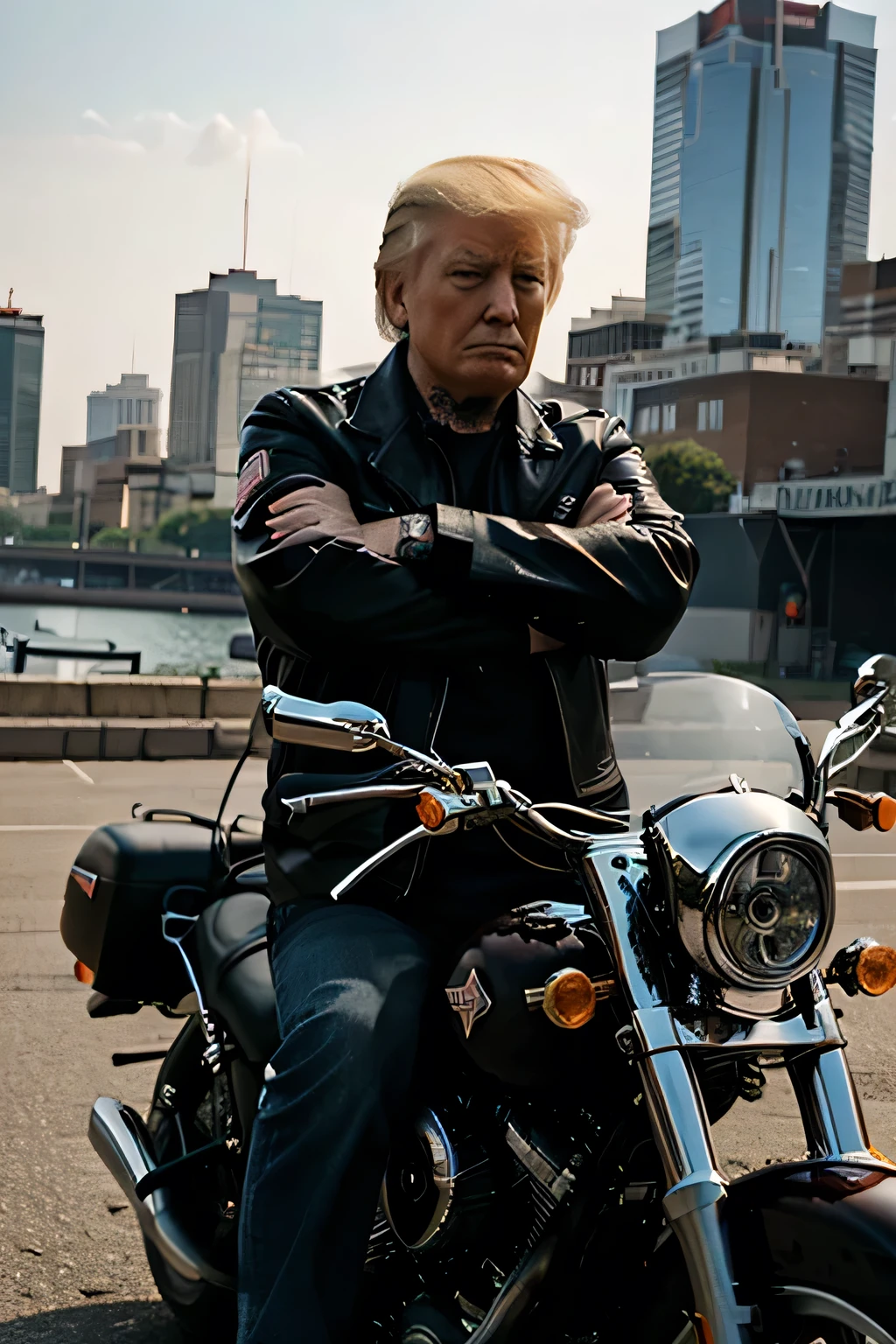 Donal Trump as a biker. On a Harley Davidson Breakout.