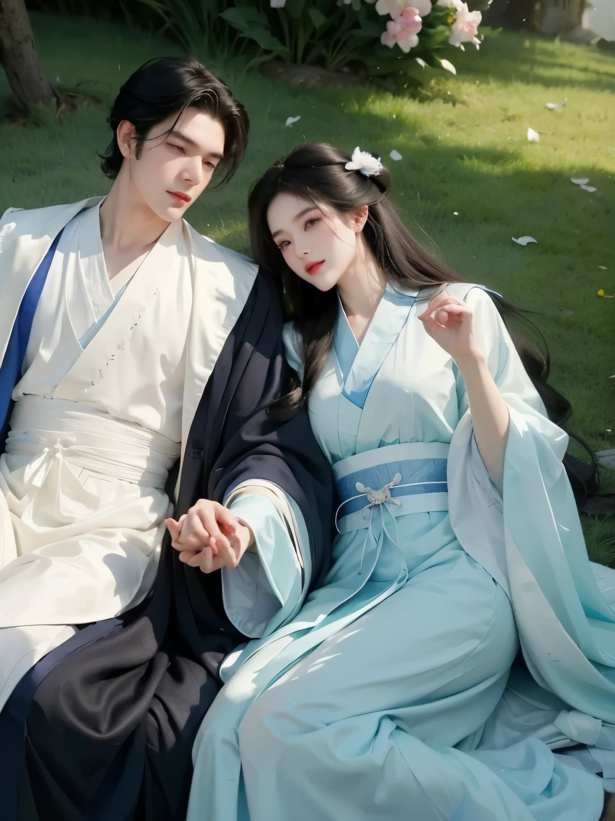 A handsome guy holding a beautiful woman，Quiet and peaceful，A faint smile，Chinese Palace，Chinese clothing and accessories，Black Hair，Perfect face