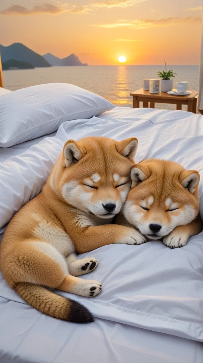 With the sunset in the background,(masterpiece:1.2, high quality), Sleeping together in bed２Shiba Inu puppies、