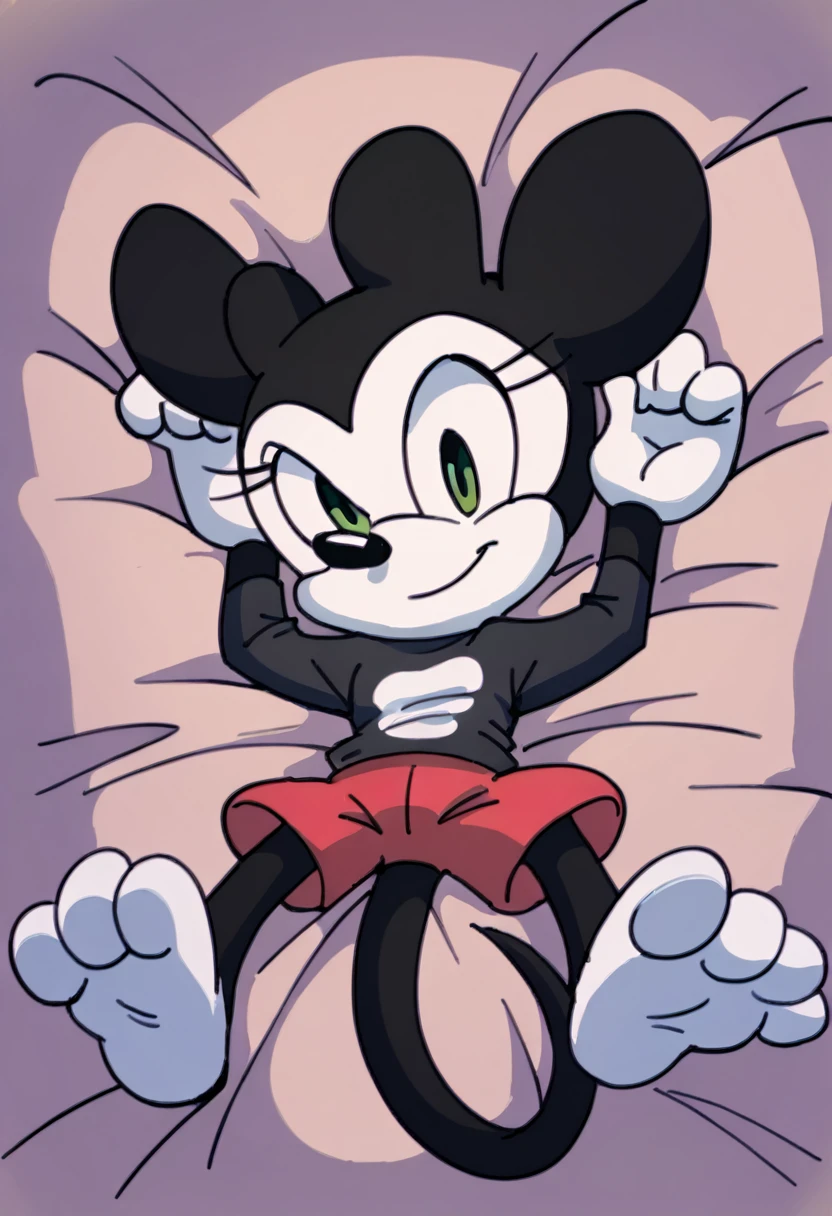 Mickey Mouse, female, green eyes, solo, black fur, on bed, footpaws, masterpiece, good anatomy, laying on back, top down view, long tail, mouse, black shirt, red shorts