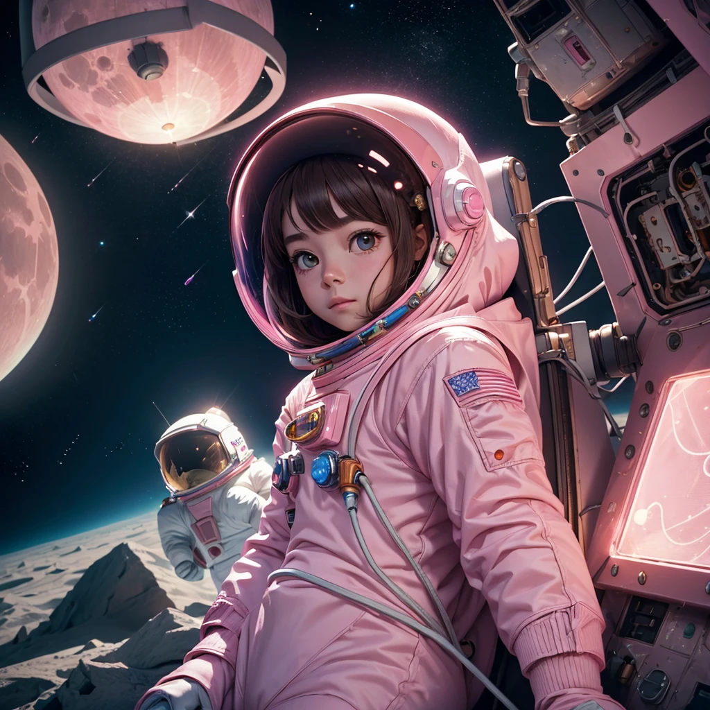 (One pink astronaut girl:1.3)、Go to the moon and encounter a lunar rabbit alien:1.7、,Very detailed,Intricate details,Ultra-realistic,Cinema Lighting,8K resolution,masterpiece