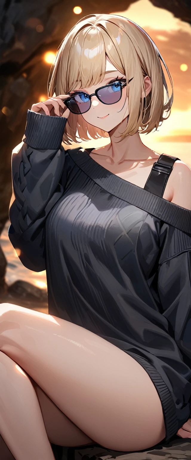 ((angel, big big black wings:1.3, halo:1.3)), sea, beach, (((spread arms))), (((cowboy shot))), ((flying)), archangel Uriel, ((wavy hair, outward curled hair)), evening, Sunset, ((blond hair, bob cut:1.3)), breasts, teenager, (looking at viewer), oversized clothes, puffy long sleeves, collarbone, ((off-shoulder sweater:1.3, Quite thick shoulder straps)), ((black sweater)), collarbone, head tilt:1.3, (((blue eyes))), ((happy smile)), (((anime style))), (best quality, 4K, 8K, highres, masterpiece:1.2, ultra-detailed, ultra-detailed eyes, HDR, uhd, studio lighting, ultra-fine painting, sharp focus, physically-based rendering, extreme detail description, professional, vivid colors, bokeh)