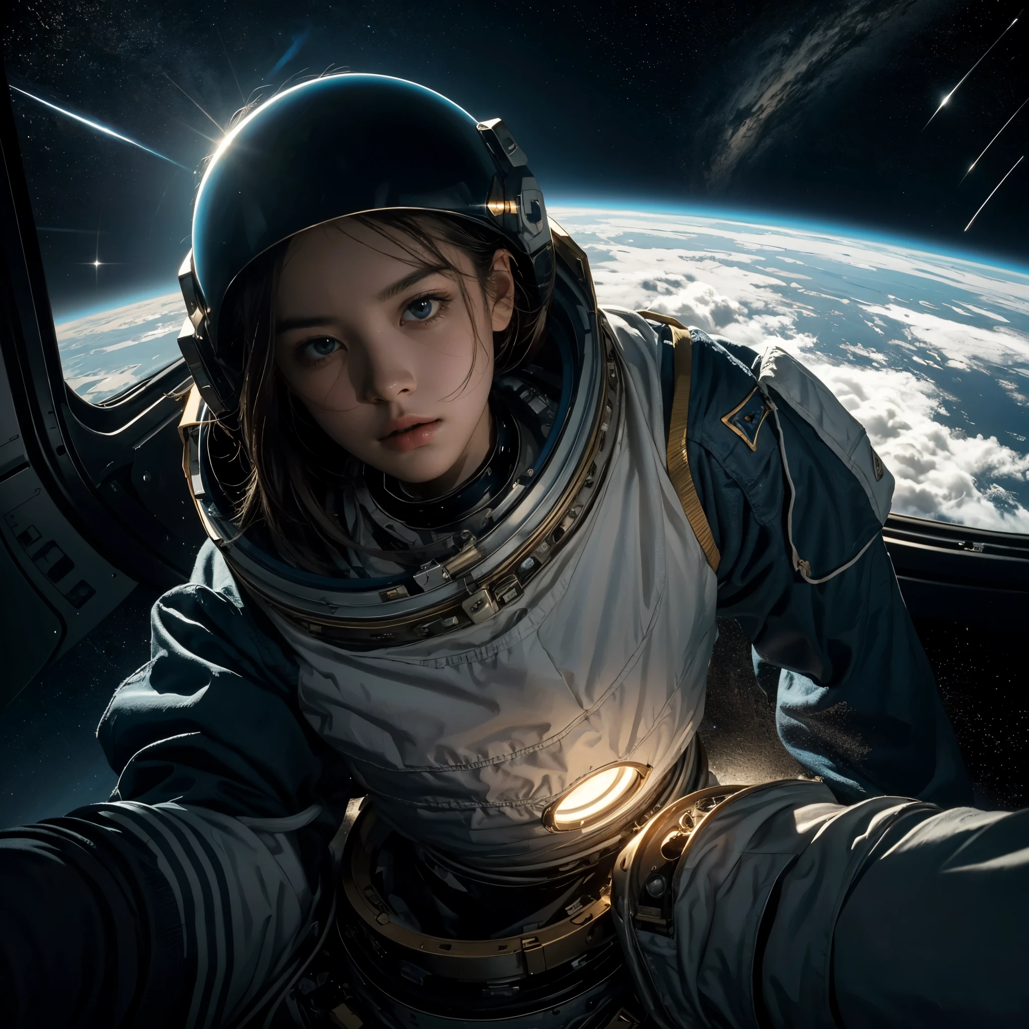 masterpiece,Highest quality,8K,High resolution,Finely detailed, Fantasy,dream-like,Photorealistic,Actual photo, Award-winning,Browsing Caution, dramatic,Dynamic configuration, Cool tones,mysterious,Anxious,nervous, Cinema lighting,Studio Lighting,Depth of written boundary, Physically Based Rendering, Thin Outline BREAK SF,Deep Universe,Interstellar, One astronaut,((Extravehicular operations)),The stars are reflected on the visor,((Space Colony)),