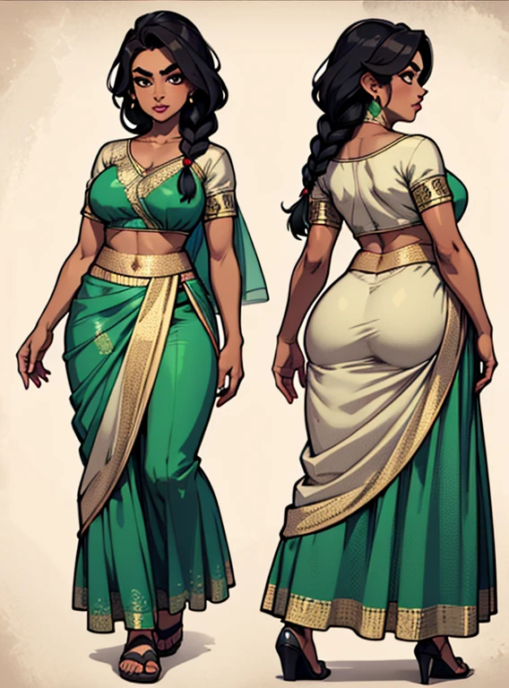 digital art, highly detailed, reference sheet, standing pose, north indian feminine characteristics, dark skin, braid, sharp eyebrows, full lips, oval lined eyes, curvy figure, mature woman, adult female, whole body, form-fitting, sari dress, maxi skirt, sandals, 1woman, solo, upper body, lower body, ((Extremely Detailed)), ((Best Quality)), ((Masterpiece)), ((4k)).
