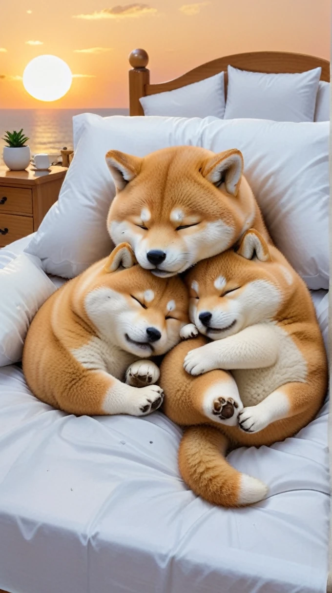 With the sunset in the background,(masterpiece:1.2, high quality), Sleeping together in bed２Shiba Inu puppies、