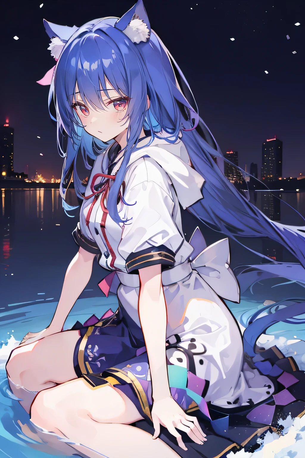 (masterpiece:1.2),Super detailed,lifelike,Expressive eyes,fair skin,perfect face shape,1 girl,
Japanese comics,Gorgeous blue hair,flowing blue hair,flowing clothes,Cat ears,Petals fall,beautiful lola,Baby Angel,
Shaking head with one hand,Cross your legs,Gentle and peaceful background,The pavilion is cool and comfortable,smile, wearing hoodie, background of tokyo,back views,snowing, winter,lie on the water.