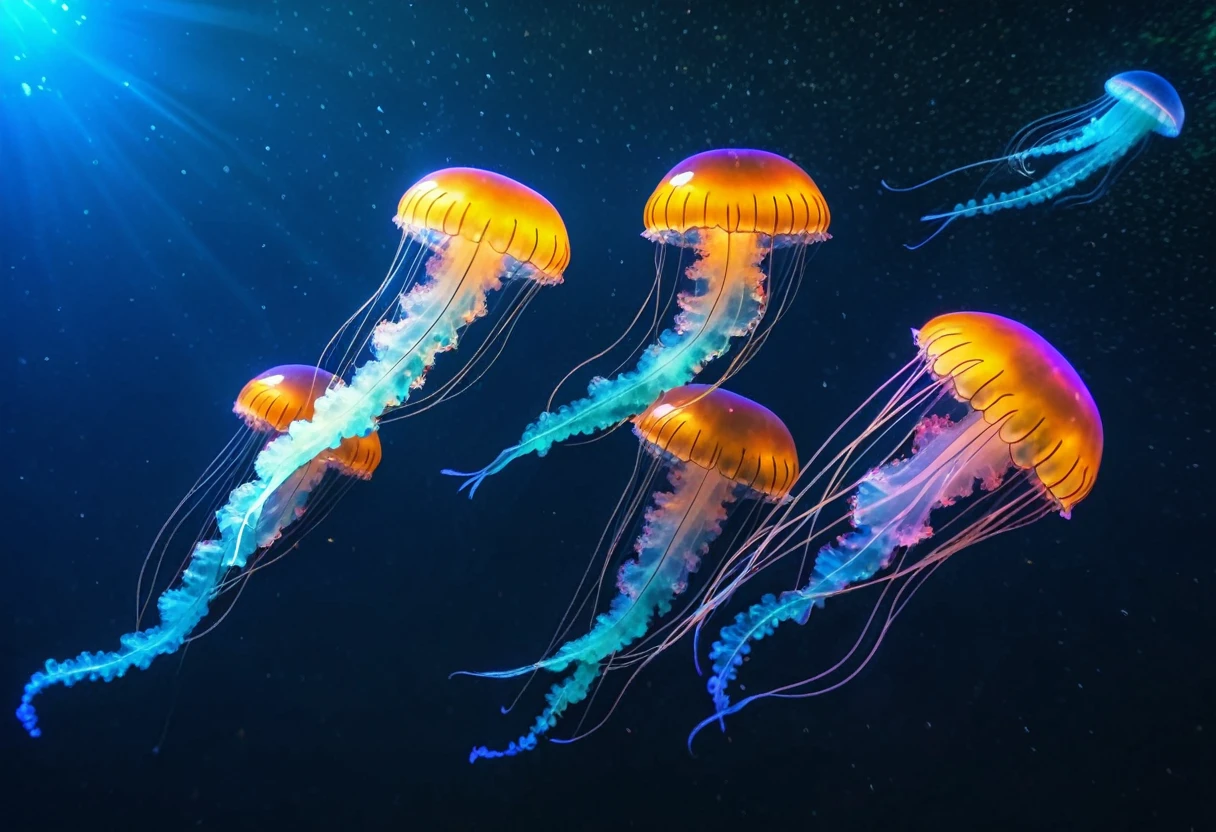 jellyfishs floating in the ocean with a galaxy background, space jellyfish, jellyfishes, jellyfish fractal, cyberpunk jellyfish, jellyfish dancing, neon jellyfish, jellyfishes, Amazing space creatures 4K, glowing jellyfish, jellyfish, Jelly Sea, jellyfish elements, bioluminescent jellyfish, jellyfish, jelly glow, Jelly Meat, hamburger mix jellyfish, blue jellyfish