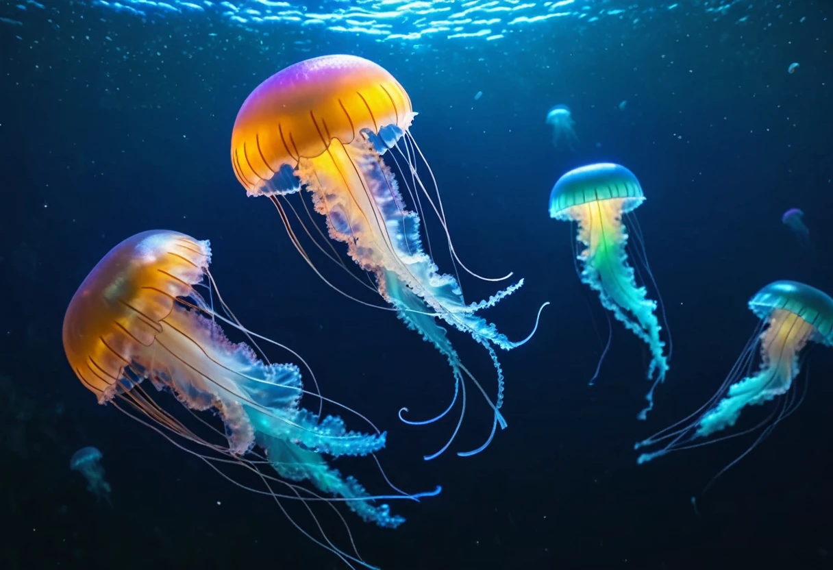 jellyfishs floating in the ocean with a galaxy background, space jellyfish, jellyfishes, jellyfish fractal, cyberpunk jellyfish, jellyfish dancing, neon jellyfish, jellyfishes, Amazing space creatures 4K, glowing jellyfish, jellyfish, Jelly Sea, jellyfish elements, bioluminescent jellyfish, jellyfish, jelly glow, Jelly Meat, hamburger mix jellyfish, blue jellyfish