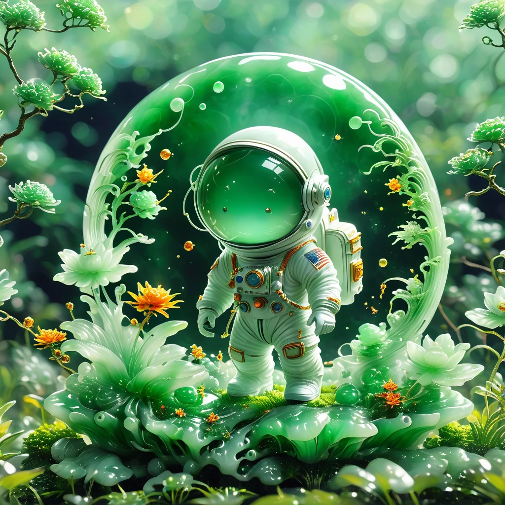 best quality, very good, 16K, ridiculous, Very detailed, Gorgeous((( Astronaut 1.3)))，Made of translucent jadeite, Background grassland（（A masterpiece full of fantasy elements）））， （（best quality））， （（Intricate details））（8K）