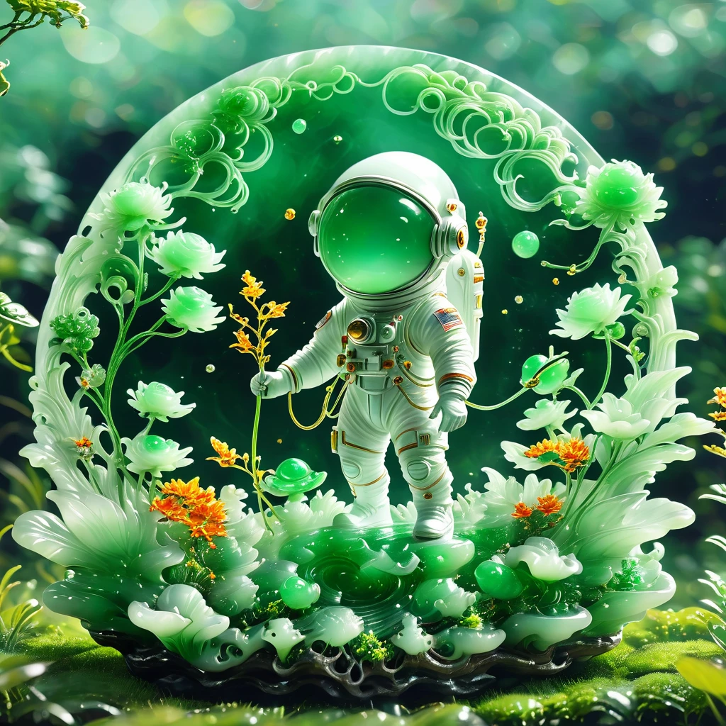best quality, very good, 16K, ridiculous, Very detailed, Gorgeous((( Astronaut 1.3)))，Made of translucent jadeite, Background grassland（（A masterpiece full of fantasy elements）））， （（best quality））， （（Intricate details））（8K）