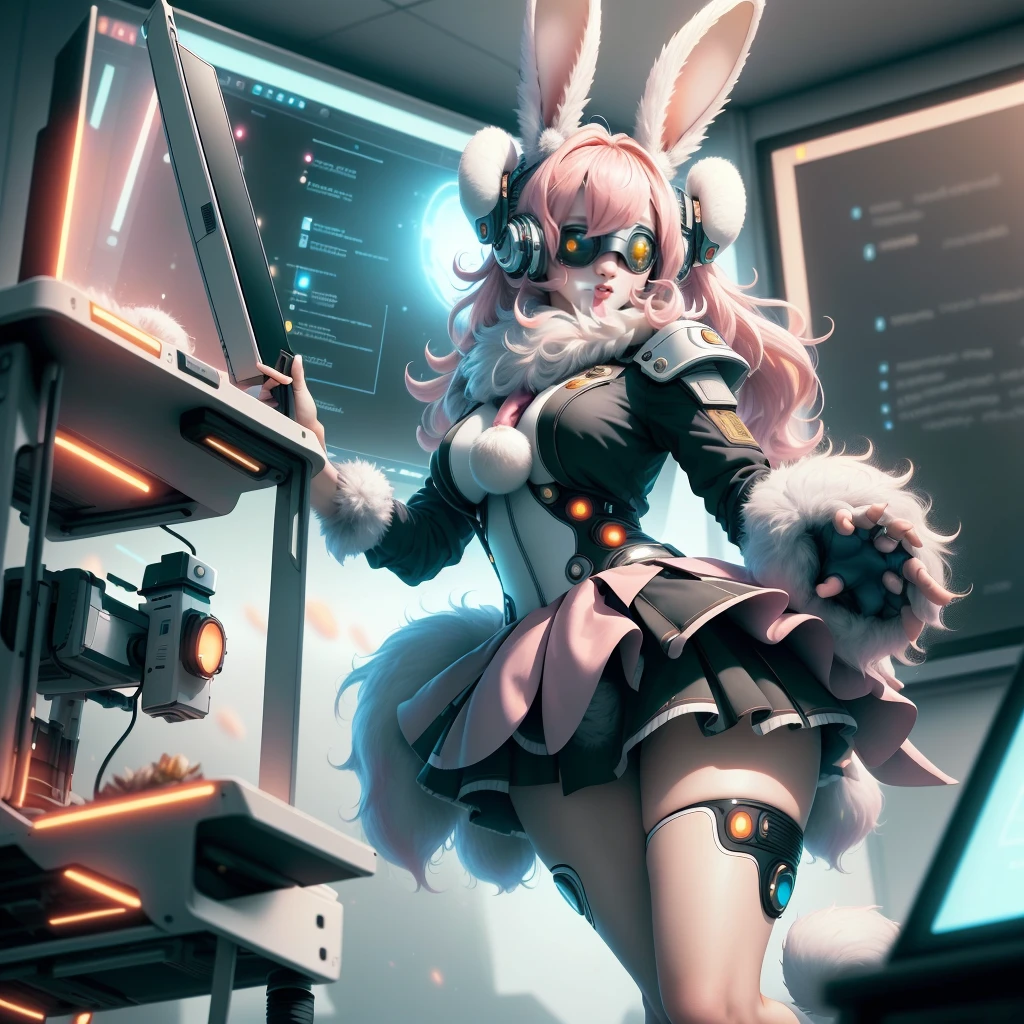 Best quality, masterpiece, extreme detail, 8K, official art, bunnytech, fluffy, futuristic sci-fi, (scholar), (projector), (whiteboard class), (teaching laser pointer), scroll, (a middle-aged tutor Wearing rabbit head mask), (solo), (full body shot), long hair, pink hair, glowing eyes, smile, skirt suit, three-piece suit, tie, tight skirt