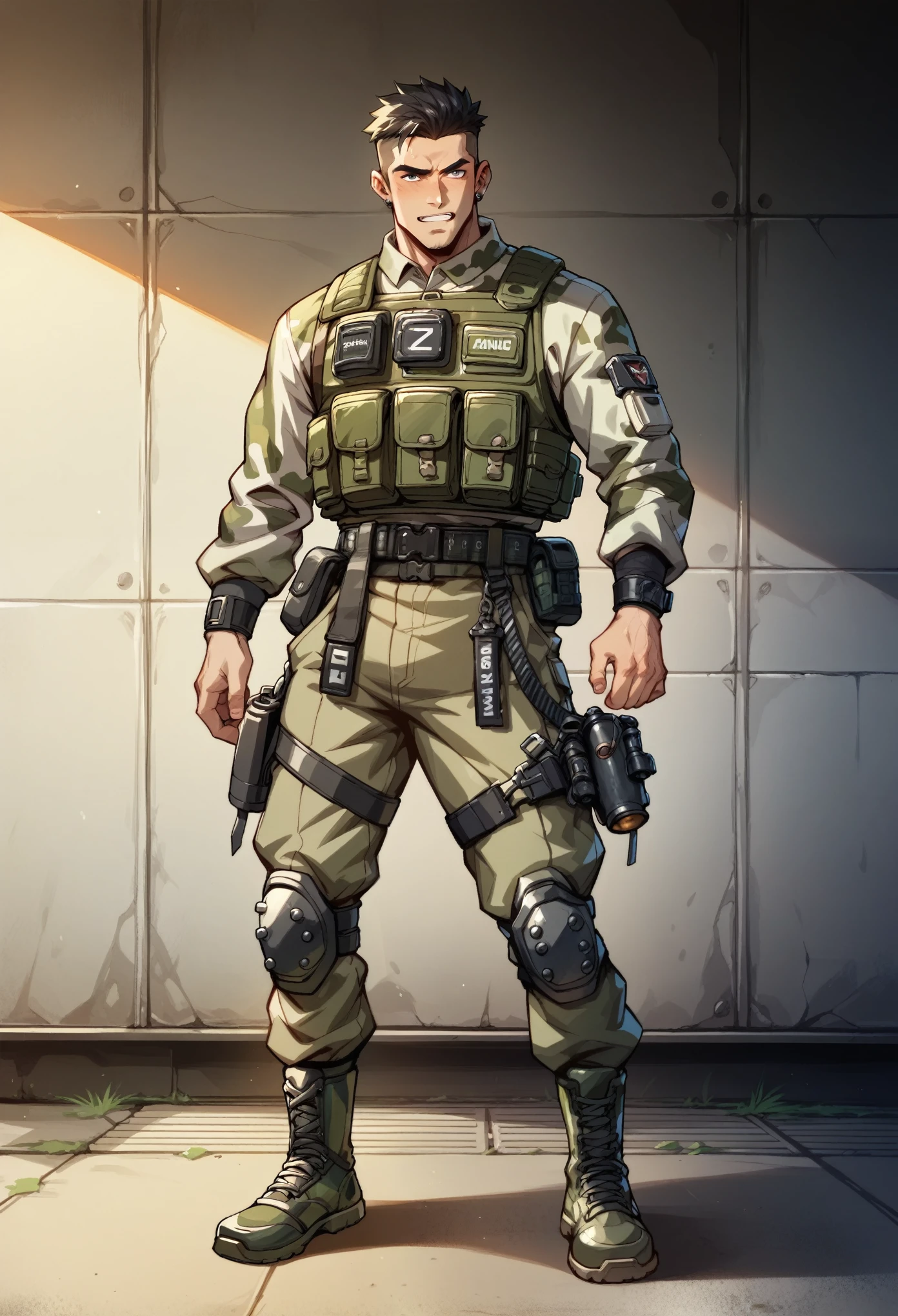 mercenary, male focus, (full length:1.1), Dark hair, green camouflage, load-bearing vest, belt holster, Dangerous atmosphere, warzone,