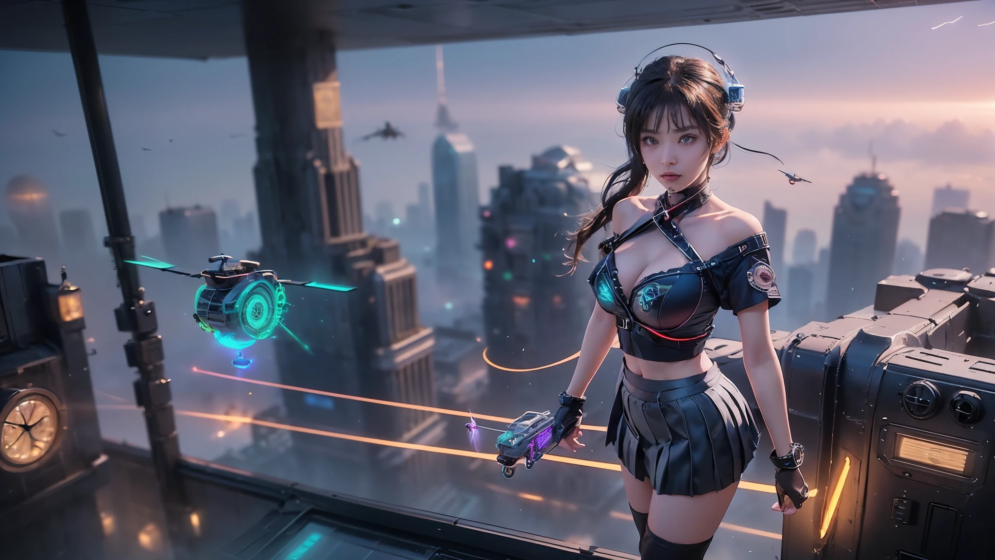 At night, dark sky, (((aerial view of futuristic sci-fi cyberpunk city, skyscrapers, (((((flying vehicle))))), (vortex-spirit-spreading giant ghost hologram (((clock tower))) as time machine), high quality))). Matrix style, (1girl, solo), photo realistic, (((large-breast:1.2 slim body, cleavage:1.3, tube top, very short pleated (((miniskirt))) exposing panty))), (((((matrix style black ((((((sunglasses)))))), aiming at camera with a (laser weapon):0.3))))), (((dynamic pose, half-body (thigh level) medium shot))), cinematic lighting.