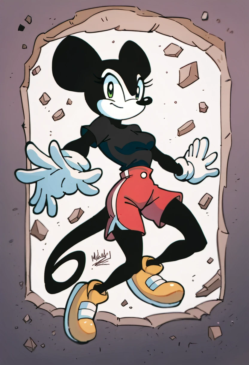 Mickey Mouse, female, green eyes, solo, black fur, yellow shoes, masterpiece, good anatomy, long tail, black shirt, red shorts, medium breasts 