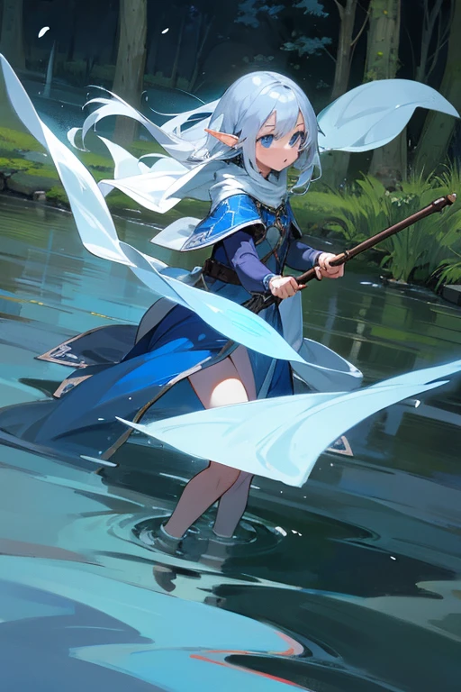 Girl on the water、Elf、girl、Silver Hair、Wizard、10 years old、during war、Different world