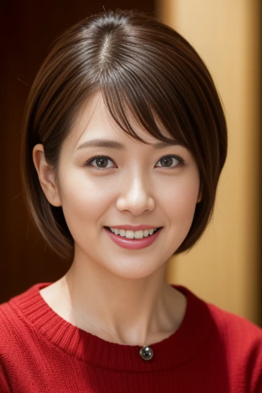 Masseter Film, highest quality, masterpiece, High resolution, realism, Original photo, 8k wallpaper, perfection, Professional Lighting, Very detailed, Written boundary depth, ((Beautiful woman)), ((Sexy 40 year old woman in red)),,  ((A kind smile)), Detailed face, Beautiful Eyes,, bangs, A photo of your face, (sexy look), Brown Hair, (Thick lips), Looking down at the viewer,short hair