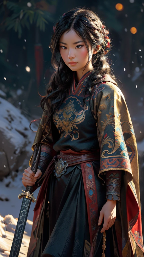 a 3D render (Close-up of Mulan holding a sword), （A sword that glows with cold light：1.2），（A sword with a dragon pattern），The surface of the sword is as smooth as a mirror，Cold light flashes，The hilt of the sword is inlaid with precious jade and wood，The upper body wears dark blue armor made of fish scales and iron， The armor was also inlaid with golden stars，floral embroidery，Cloak decorated in black and gold， Very long hair, Ebony hair, Big black eyes, Long eyelashes, Sexy red lips, Resolute expression, disney movie《Mulan》, Martial arts, Kungfu, Chinese exquisite clothing, ， 1 Mulan, Solo, Ancient wind， Background with: It was snowing heavily，It was snowing heavily，It was snowing heavily in the sky， Hurricane weather，vortex,,{{Masterpiece}}, {{{Best quality}}},{{Ultra-detailed}}, {{illustration}},{{Disheveled hair}},{{Masterpiece}},{{{Best quality}}},{{Ultra-detailed}}, {{{illustration}}},{{Disheveled hair}},Clear facial features,close up photograph,,Alphonse Mucha,Pixar style,Cartoon style,beatrix potter ,Refined atmosphere,Intense atmosphere, microscopic view,Close-up(CU),Extreme closeup,back Lighting,