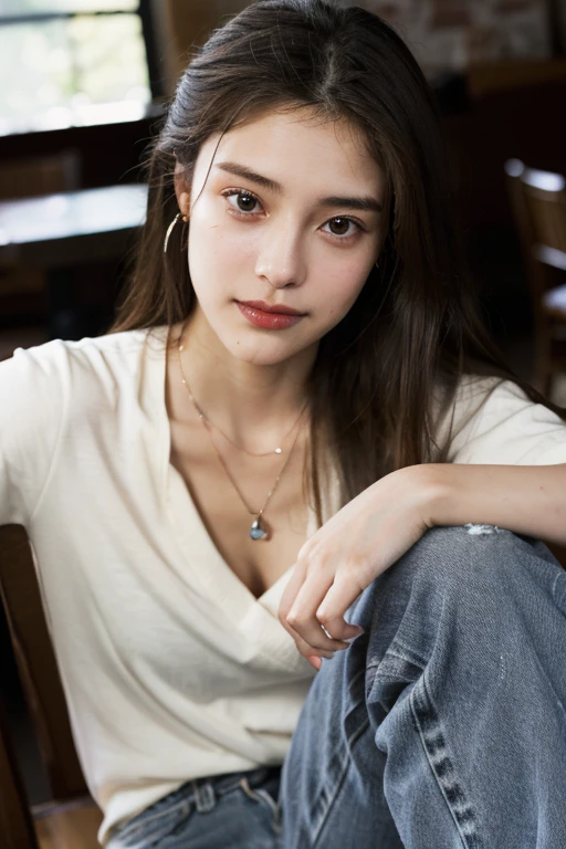 best quality, Masterpiece, Ultra high resolution,(realistic:1.4), (raw image:1.2), (sitting on a chair:1.2), (Detailed buttocks:1.1), in the restaurant,half_smile, Detailed eyes, (look at viewer:1.2), (gray casual clothes), (casual pants:1.2), (Beautiful face:1.2), (French twist:1.2), big tits, a young woman, 18 years old, deep shadow, Dark theme, heart tattoo on neck, earring, cute necklace