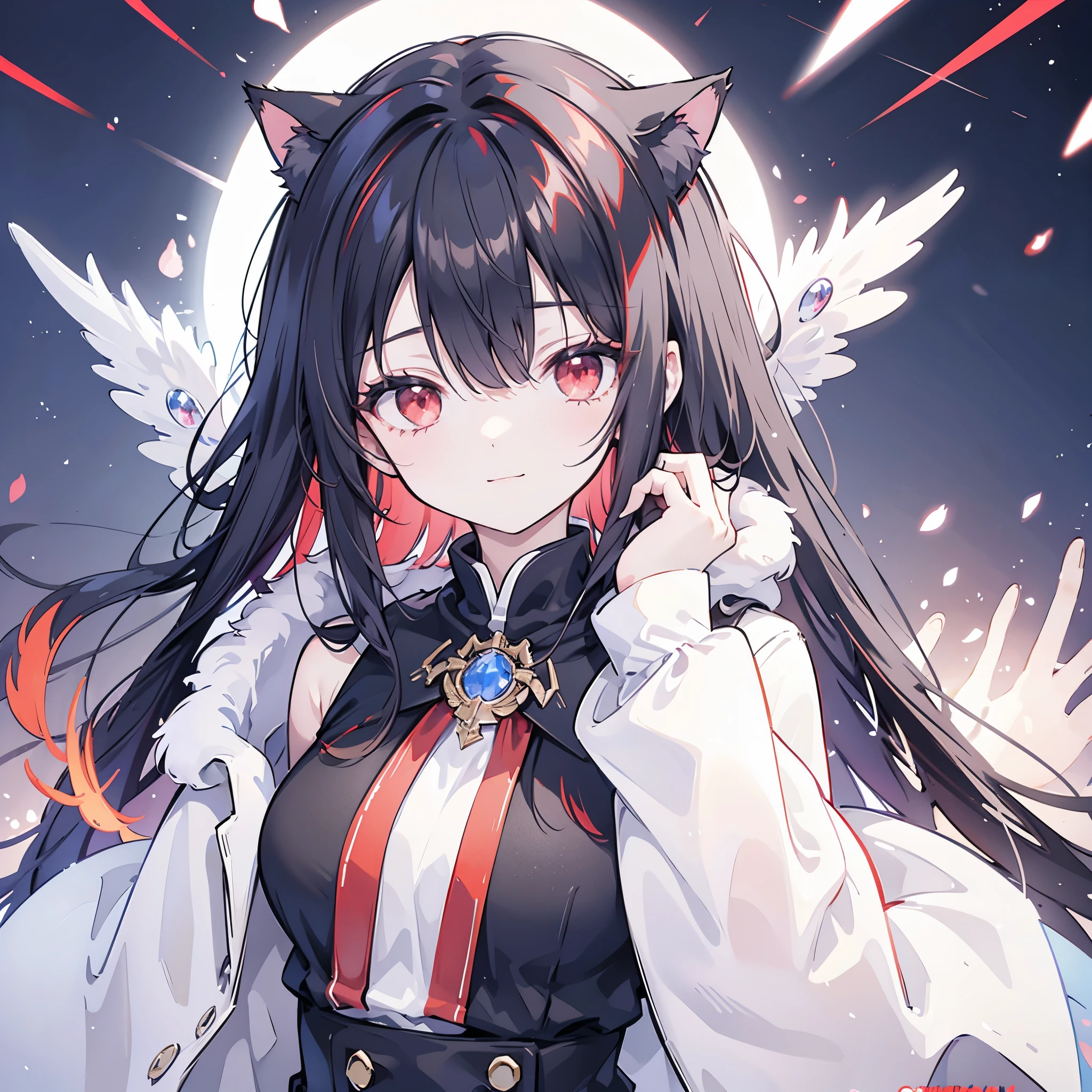(((Fantasy　Black Hair　Dye the inside of your hair red　Long Hair　Dull red eyes　Cat ear　Beastman　Pad)))　((I have a crystal　uniform　Put on a coat without putting your arms through it　Wings many times larger than mine　Center close-up))　((Smile　gloves))　(Light　star)　Catch the wind　Shining Background　Lightの粒子, rainbow colored edges