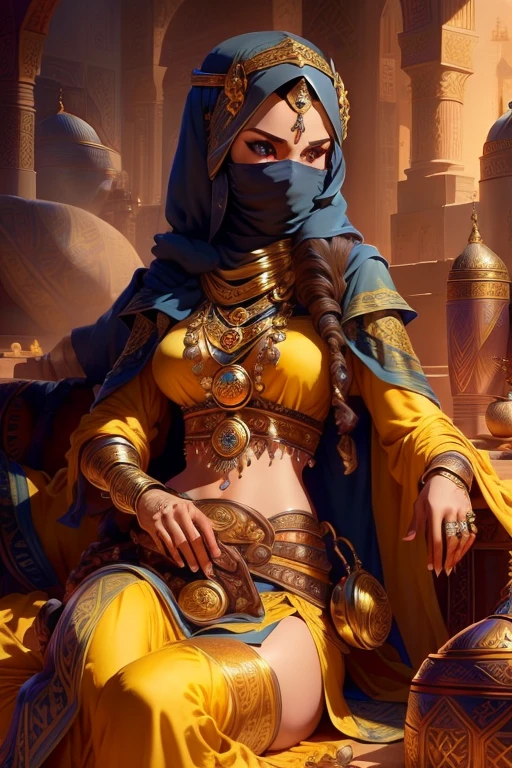 portrait, young woman, Emma Watson, solo, ((medieval Arabian harem, ArAr)), pornstar, ((genie bottle, genie lamp, harem clothes, veil, hijab, pile of ornate pillows)), sweating. ((reclining)), away, long hair, ((hookah smoke curling around)), ((Djinn, legs replaced with smoke)),