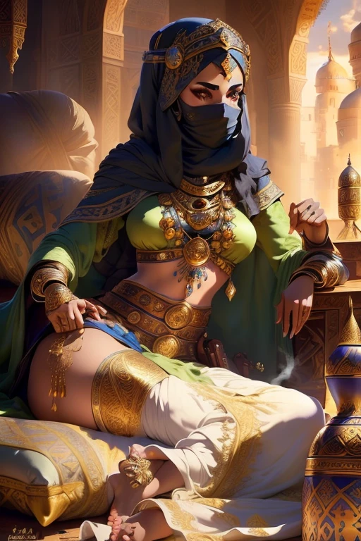 portrait, young woman, Emma Watson, solo, ((medieval Arabian harem, ArAr)), pornstar, ((genie bottle, genie lamp, harem clothes, veil, hijab, pile of ornate pillows)), sweating. ((reclining)), away, long hair, ((hookah smoke curling around)), ((Djinn, legs replaced with smoke)),