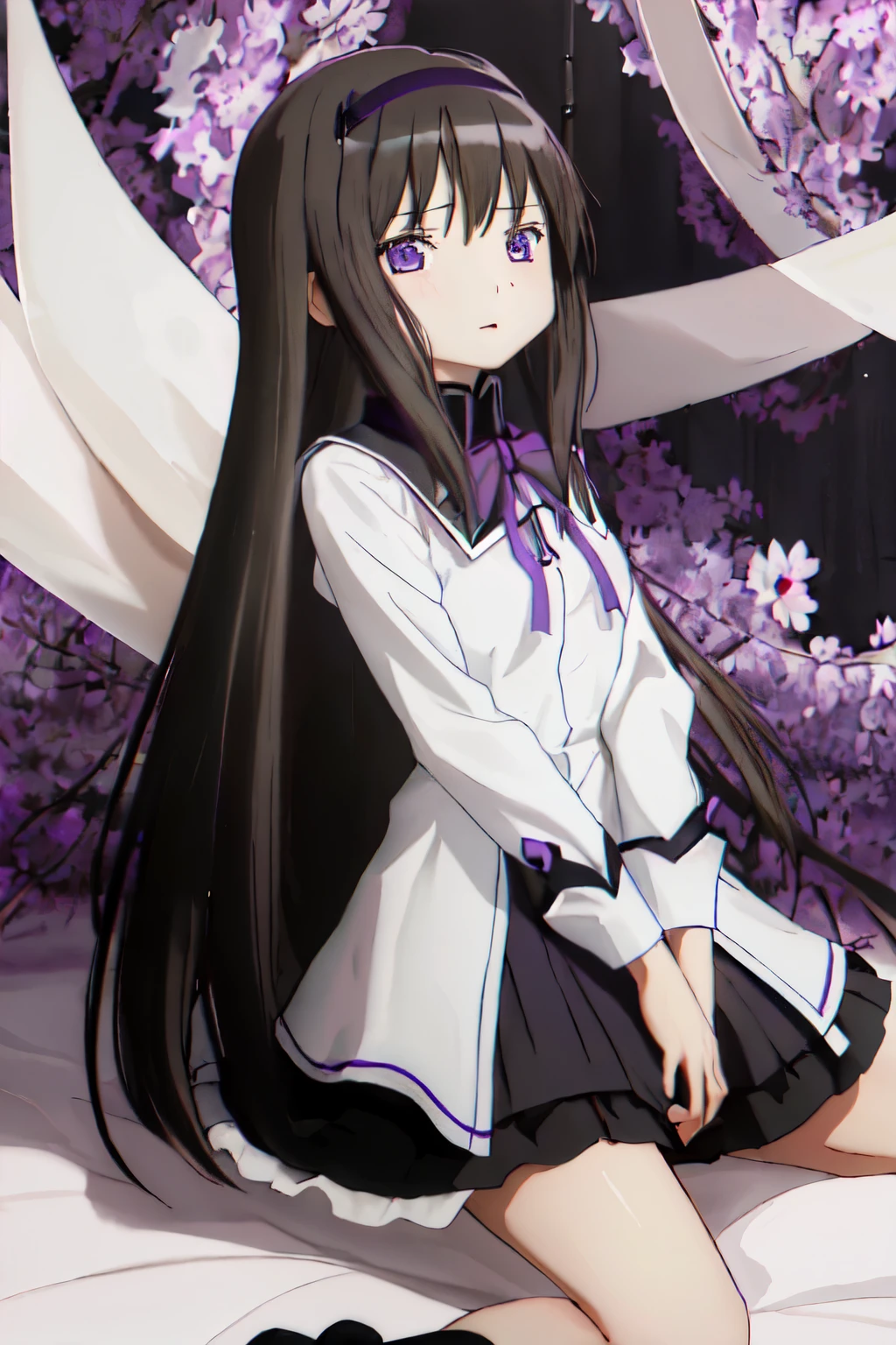 masterpiece, Highest quality,Super detailed, Akemi_homura_魔法少女まどか☆マギカ ブラック_hair, length_hair, hairband, purple_eye, ,Side view,Leaning forward,close,Ready your gun?, 薄いpurple色のキャミソールドレス、