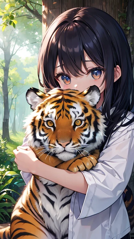 Ultra HD、masterpiece、beautiful、Tiger、Parent and 、Playing、cute、cool、mystery、Natural Forest