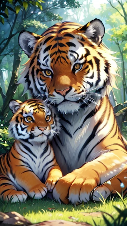 Ultra HD、masterpiece、beautiful、Tiger、Parent and 、Playing、cute、cool、mystery、Natural Forest