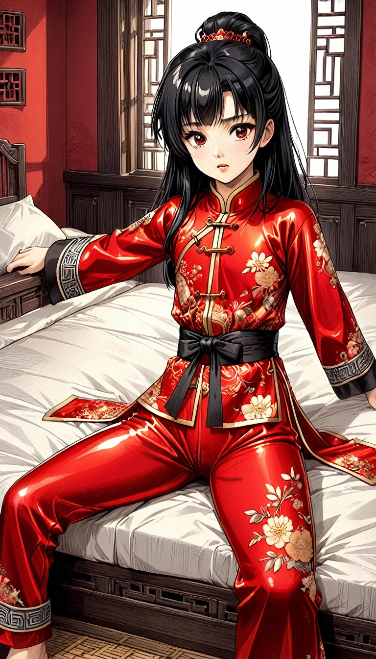 A tragic historical drama in 8k live-action style: Beautiful palace secrets　Beautiful 10 year old Chinese Kung Fu Princess with long black hair is tied up and has her pussy exposed　Gorgeous embroidery, Ultra glossy, She is wearing a shiny red top and bottom long sleeve floral pajama kung fu suit....　　