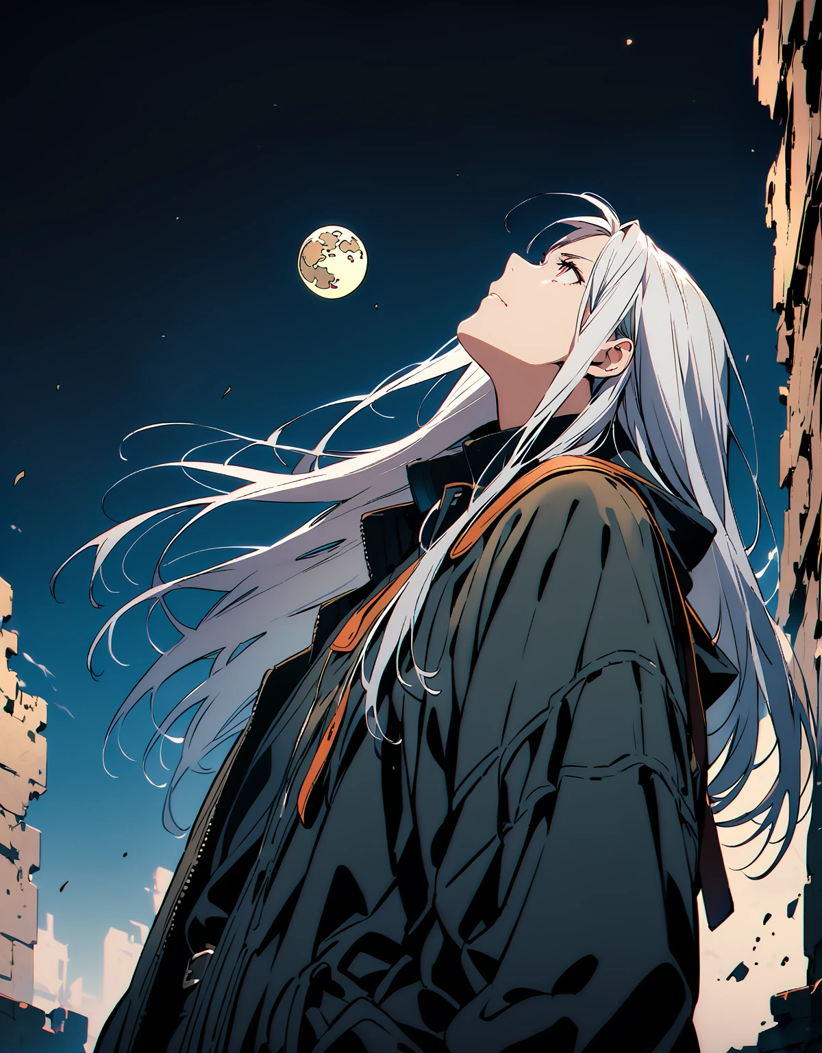 (whole body)Highest quality、Very high quality、high resolution、Serious face,(Detailed face), (Fine grain),白髪の  流れるような髪と長いwhole bodyローブ, Black boots,(The moon behind him),  White long hair,  (Looking up at the sky)profile,Background ruins,