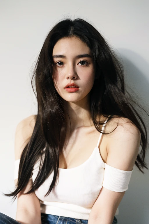 Girl with long hair, white skin, black jeans, Retro style, large breasts, Converse All star tank top, Full shot.