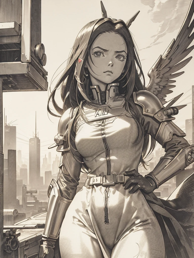 Ultradetailed, black and white, battle Angel alita dressed , sun at sunrise behind her, an engraving in black and white by Albrecht Dürer, her expression is serious, far in the sky there is the cyberpunk city of salem