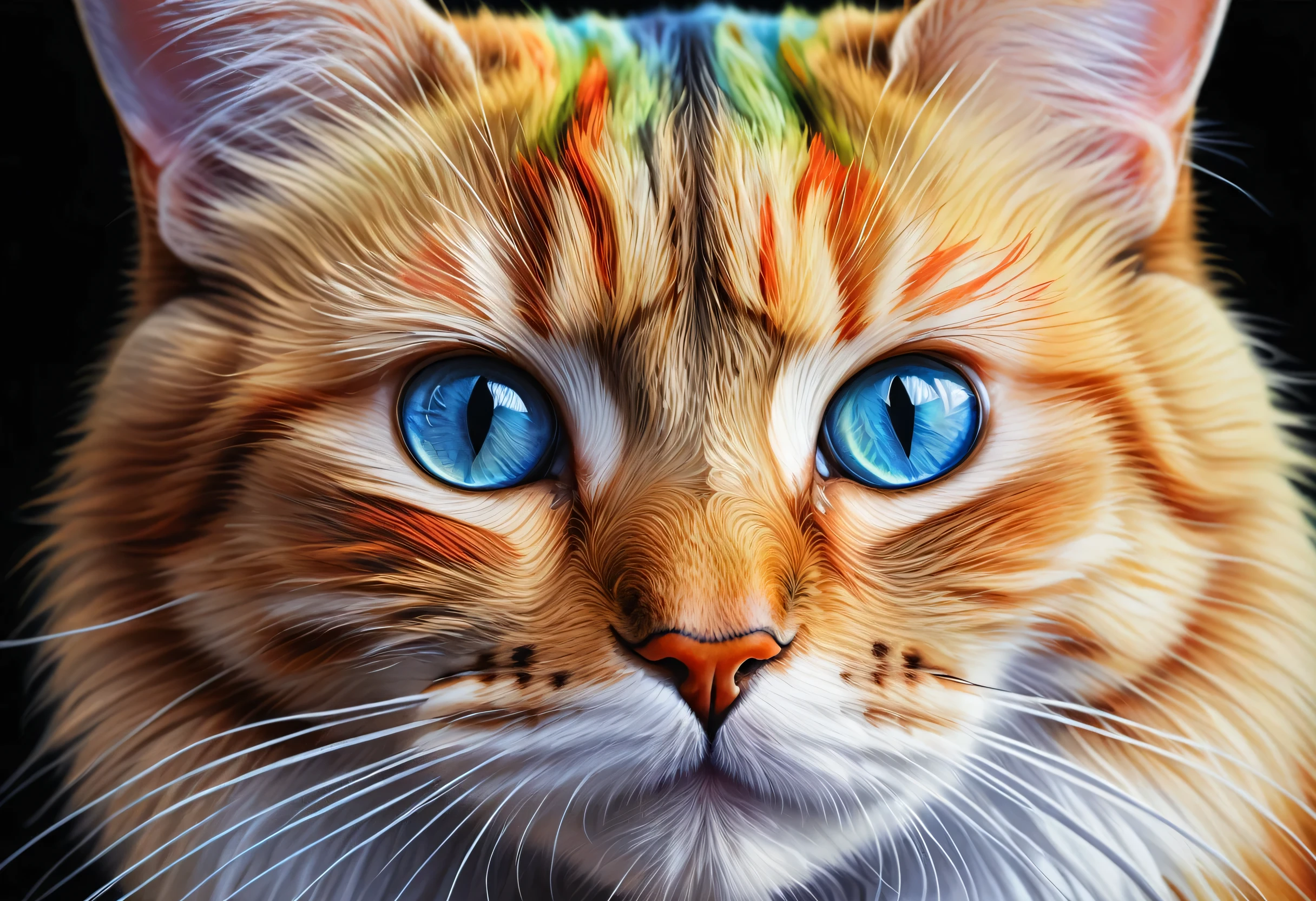 painting of a Cat with a colorful face and eyes, Airbrushing painting by Zahari Sograph, Shutterstock, fur art, Cat. Digital Painting, 4k Highly detailed digital art, Digital Painting highly detailed, Beautiful Art UHD 4K, highly detailed Digital Painting, Highly detailed digital art, Beautiful digital art, 4K Detailed Digital Art, Detailed painting 4k