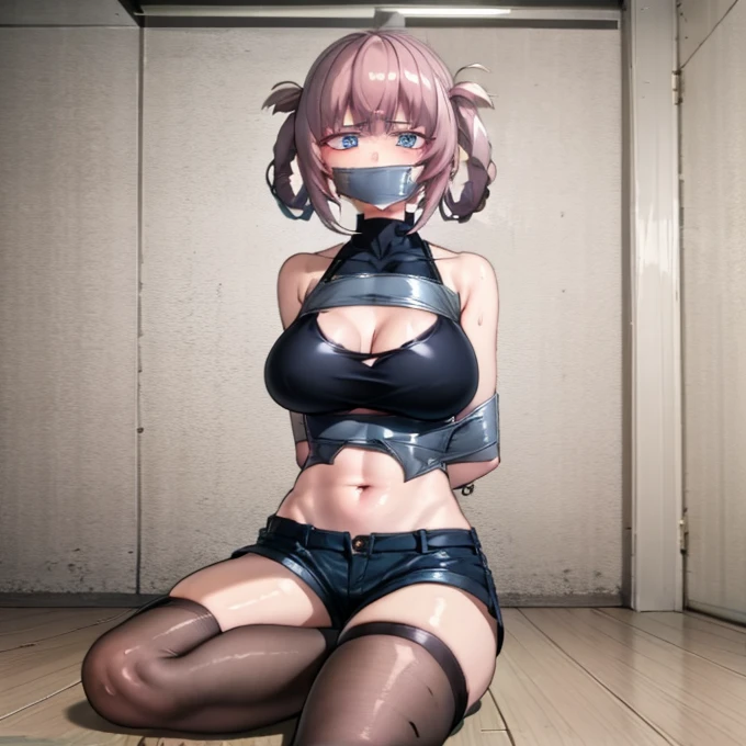 best quality, (masterpiece:1.2), highly detailed,
yofukashi background,
1girl, solo,
nanakusa nazusa, annoyed, nervous
Sitting, looking at the viewer, mouth gagged, mouth taped, fang,
blue eyes, pink hair, hair rings,
sleeveless turtleneck, cleavage cutout, navel, huge breasts, wrists taped, arms taped, arms behind back, very close to viewer, short shorts, tigh highs, under breast view