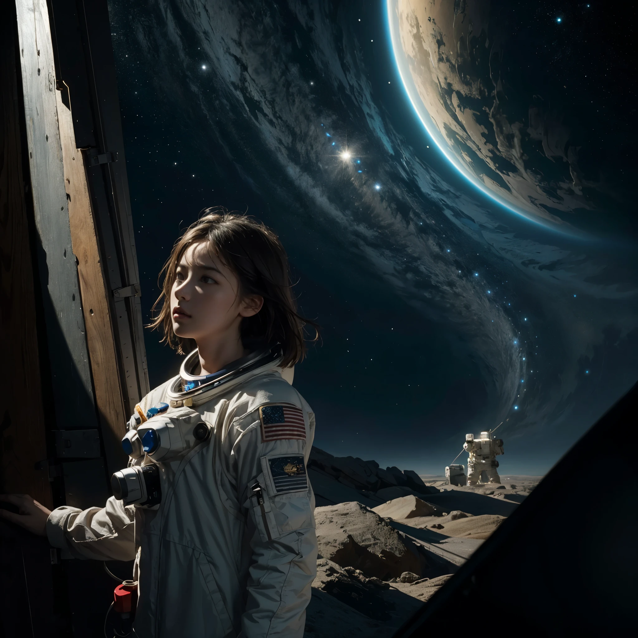 masterpiece,Highest quality,8K,High resolution,Finely detailed, Fantasy,dream-like,Photorealistic,Actual photo, Award-winning,Browsing Caution, dramatic,Dynamic configuration, Cool tones,mysterious,Anxious,nervous, Cinema lighting,Studio Lighting,Depth of written boundary, Physically Based Rendering, Thin Outline BREAK SF,Deep Universe,Interstellar, One astronaut,((Extravehicular operations)),The stars are reflected on the visor,((Space Colony)),