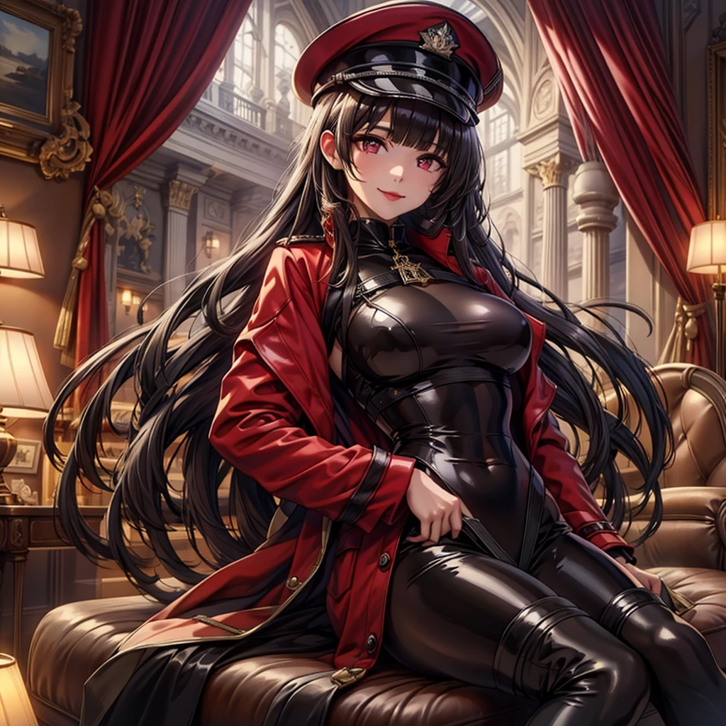 (Highest quality:1.2, artwork, Very detailed, expensiveディテール, digital coloring, High Contrast, masterpiece:1.2, Highest quality, Best aesthetics), 8K,masterpiece, cute,expensive,beautiful,Highest quality, 1 Female,Black Hair,Long Hair,Hollow Eyes, (finely detailed empty pupils and Detailed face),,,,Very detailedな CG ユニティ 8K 壁紙,alone,(Latex military costume:0.9),Large Breasts,Captivating smile,military hat,latex thigh high,Large Breasts,Black Hair,Pink Eyes,Pink leotard,pantyhose,Military coat,Patent leather suit,Glossy lips,Sitting,Bust Shot,Sadistic smile,,all,Shiny skin,Military coat,Detailed face,beautiful body,whole body,Adult,