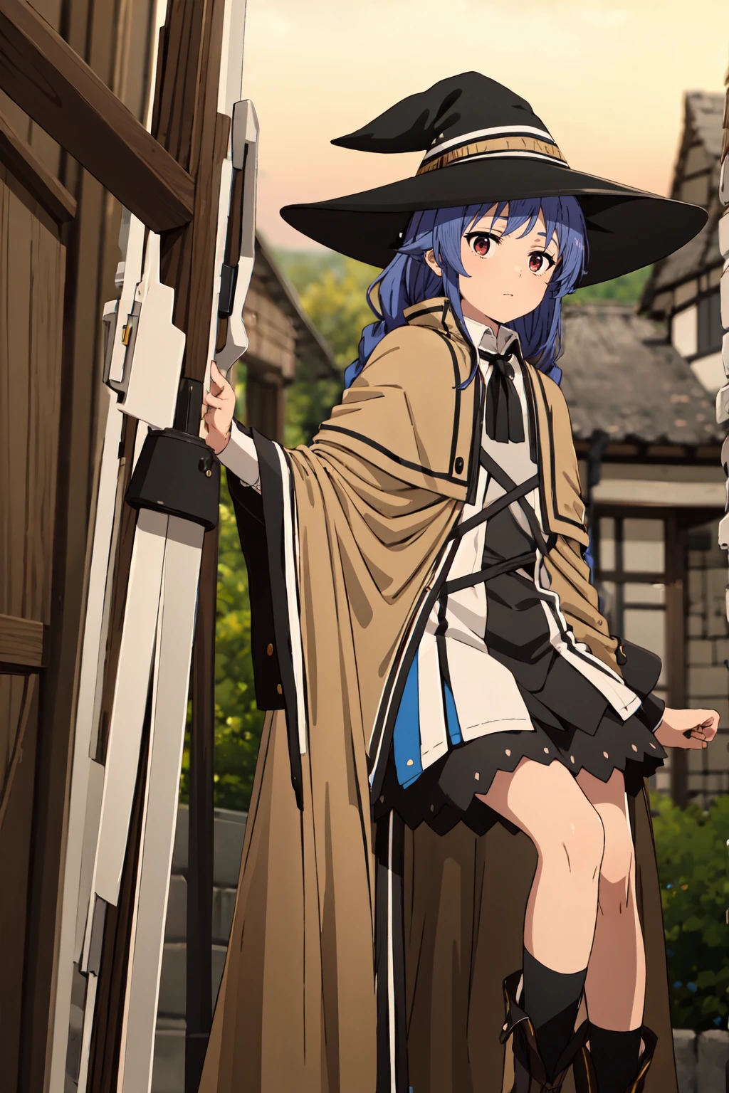 One Girl, roxy migurdia, blue eyes, Blue Hair, Twin Blade, Twin tails, Braided Ponytail, Knee Boots, Good transparency, witch, Black socks, ヘアribbon, ribbon, View your viewers, smile, Mouth closed, sun,, (masterpiece:1.2), High resolution, Highest quality, 8K, Whole body 1 girl, white dress, neck ribbon, black ribbon, black skirt, brown cape, brown dress, neck ribbon, black ribbon, witch hat, black hat, white shirt, collared shirt, Blurred_background