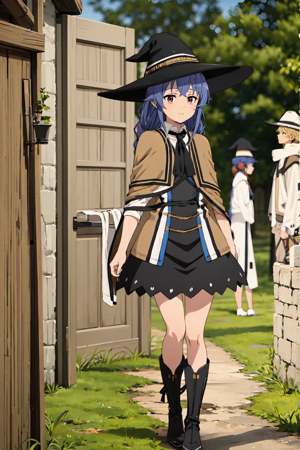 One Girl, roxy migurdia, blue eyes, Blue Hair, Twin Blade, Twin tails, Braided Ponytail, Knee Boots, Good transparency, witch, Black socks, ヘアribbon, ribbon, View your viewers, smile, Mouth closed, sun,, (masterpiece:1.2), High resolution, Highest quality, 8K, Whole body 1 girl, white dress, neck ribbon, black ribbon, black skirt, brown cape, brown dress, neck ribbon, black ribbon, witch hat, black hat, white shirt, collared shirt, Blurred_background