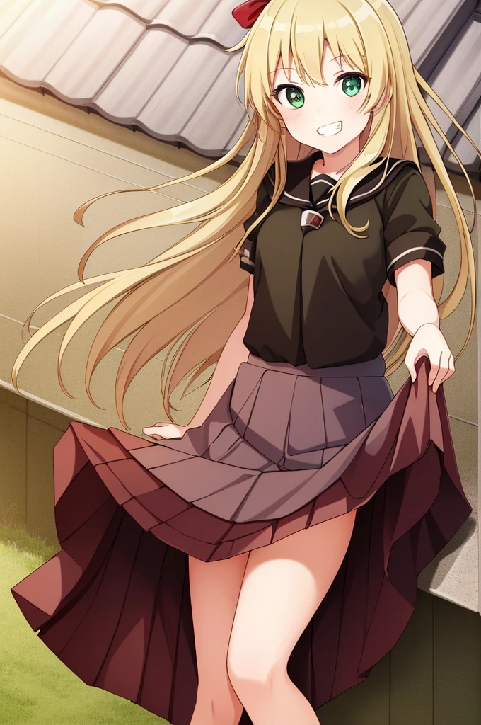 (Highest quality:1.2), masterpiece, Ultra-high resolution, (Hard Light:0.5), Depth of written boundary,  One girl, green_eye, blonde_hair, Red ribbon, Nanamori , in, looking at iniewer, Grin, (Sitting on the roof of the school),(Skirt Lift:1.5 ),Showing panties