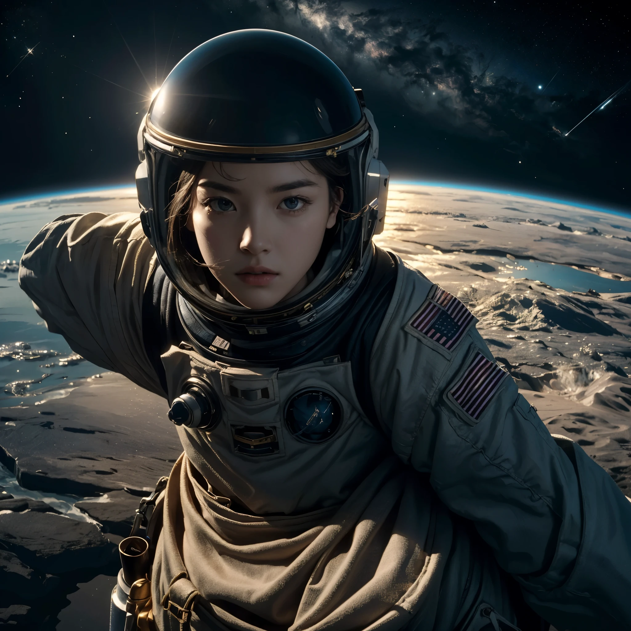 masterpiece,Highest quality,8K,High resolution,Finely detailed, Fantasy,dream-like,Photorealistic,Actual photo, Award-winning,Browsing Caution, dramatic,Dynamic configuration, Cool tones,mysterious,Anxious,nervous, Cinema lighting,Studio Lighting,Depth of written boundary, Physically Based Rendering, Thin Outline BREAK SF,Deep Universe,Interstellar, One astronaut,((Extravehicular operations)),The stars are reflected on the visor,((Space Colony)),