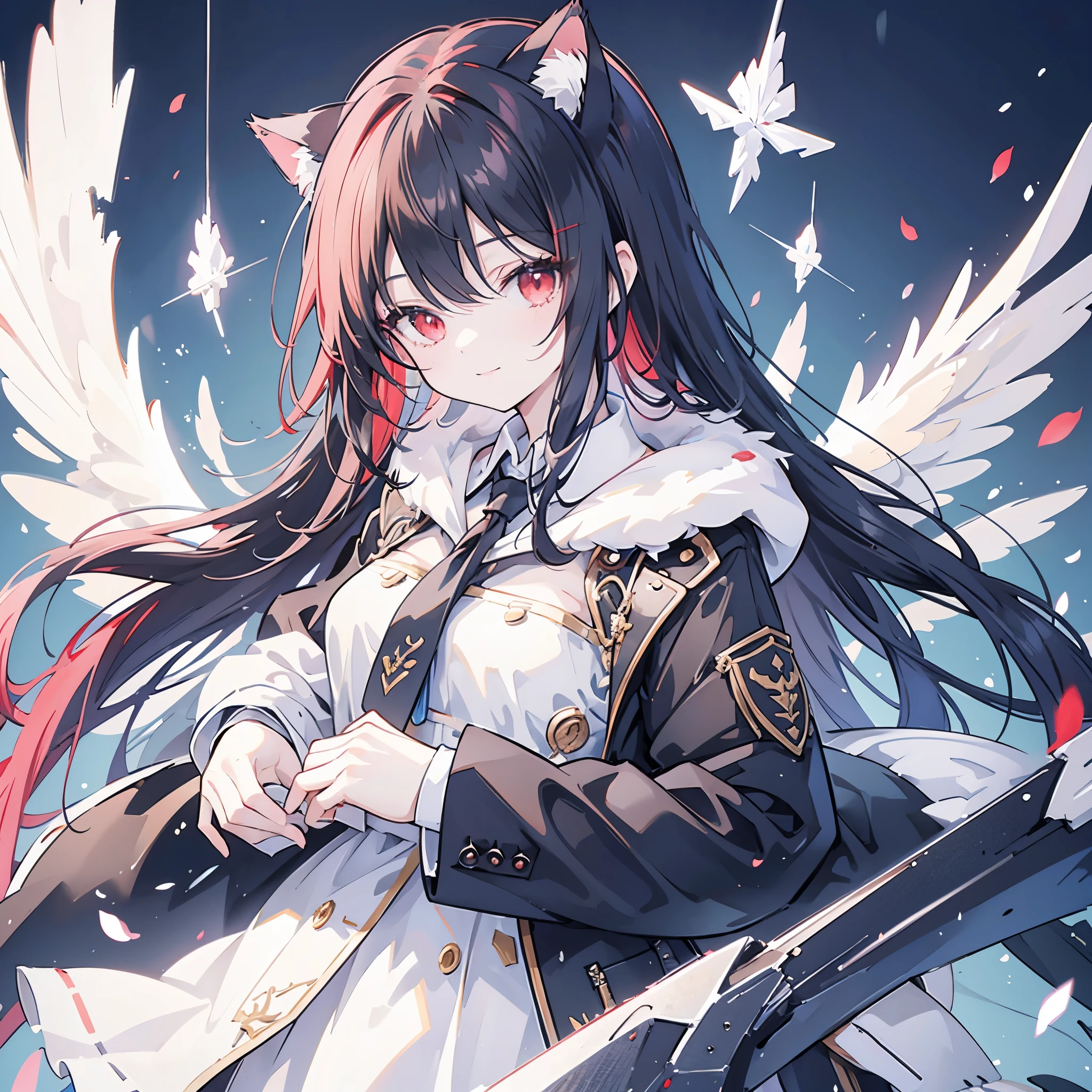 (((Fantasy　Black Hair　Dye the inside of your hair red　Long Hair　Dull red eyes　Cat ear　Beastman　Pad)))　((I have a crystal　uniform　Put on a coat without putting your arms through it　Wings many times larger than mine　Center close-up))　((Smile　gloves))　(Light　star)　Catch the wind　Shining Background　Lightの粒子, rainbow colored edges